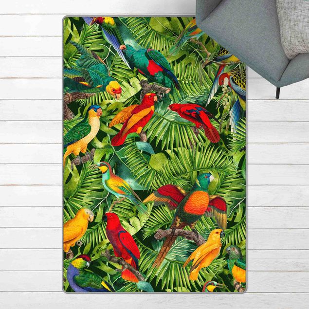 Teppich Blumenmuster Bunte Collage - Papageien im Dschungel