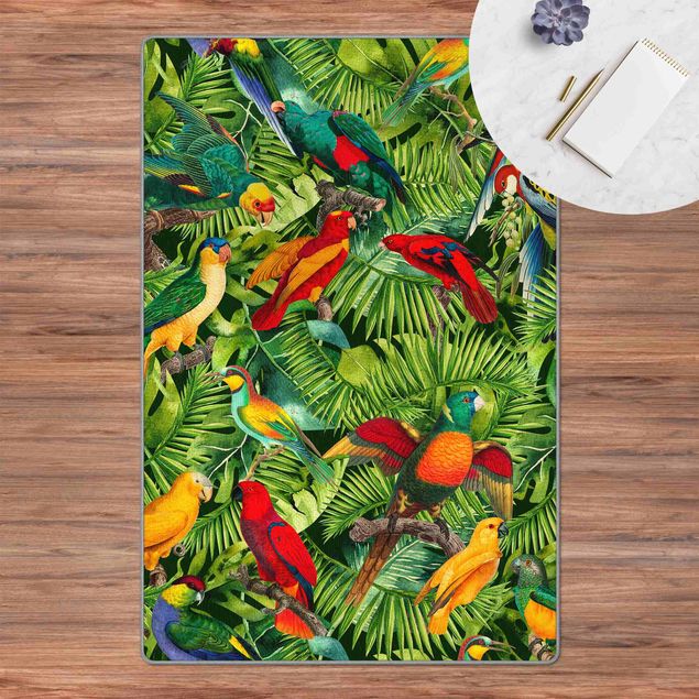 Dschungel Teppich  Bunte Collage - Papageien im Dschungel