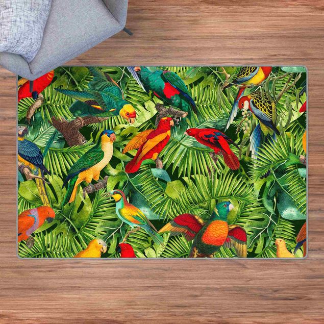 Dschungel Teppich  Bunte Collage - Papageien im Dschungel