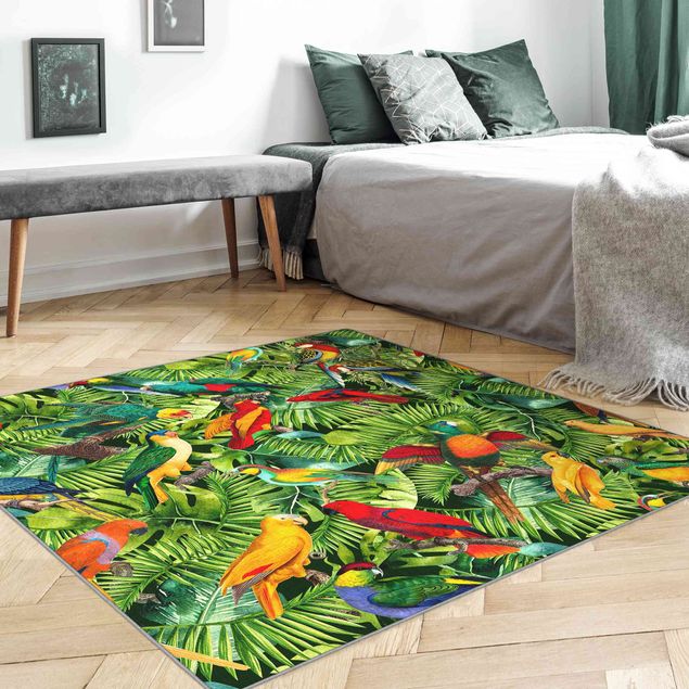 Teppich bunt Bunte Collage - Papageien im Dschungel