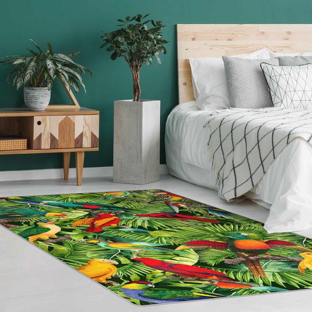 Teppich bunt Bunte Collage - Papageien im Dschungel