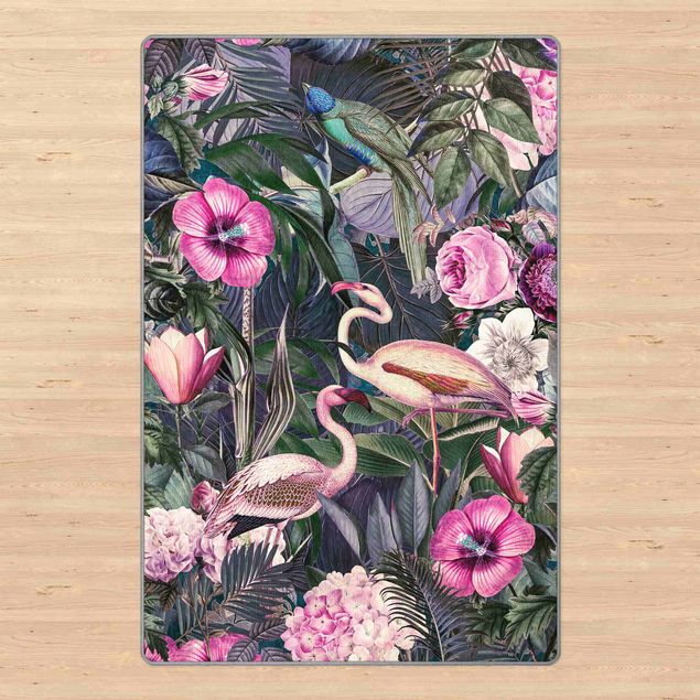 Teppich Blumen Bunte Collage - Pinke Flamingos im Dschungel