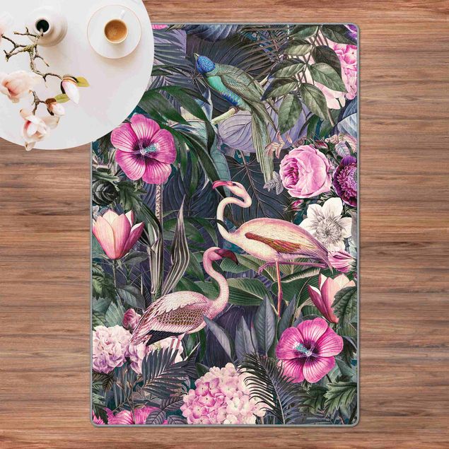 Teppich Dschungel Bunte Collage - Pinke Flamingos im Dschungel