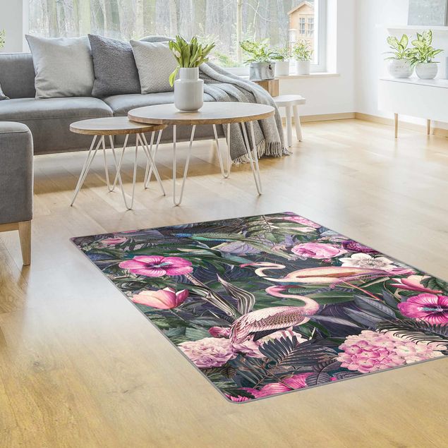 Moderne Teppiche Bunte Collage - Pinke Flamingos im Dschungel