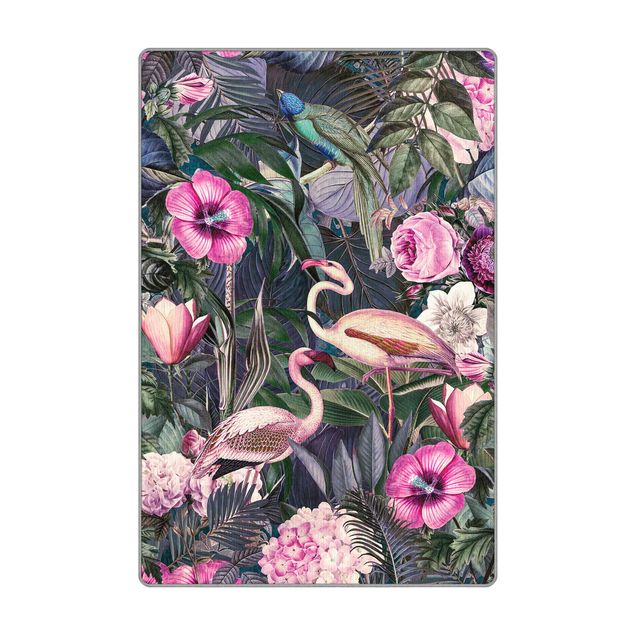 Teppich - Bunte Collage - Pinke Flamingos im Dschungel