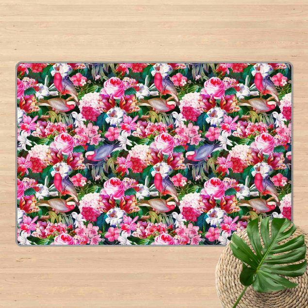 Teppich Blumenmuster Bunte Tropische Blumen mit Vögeln Pink