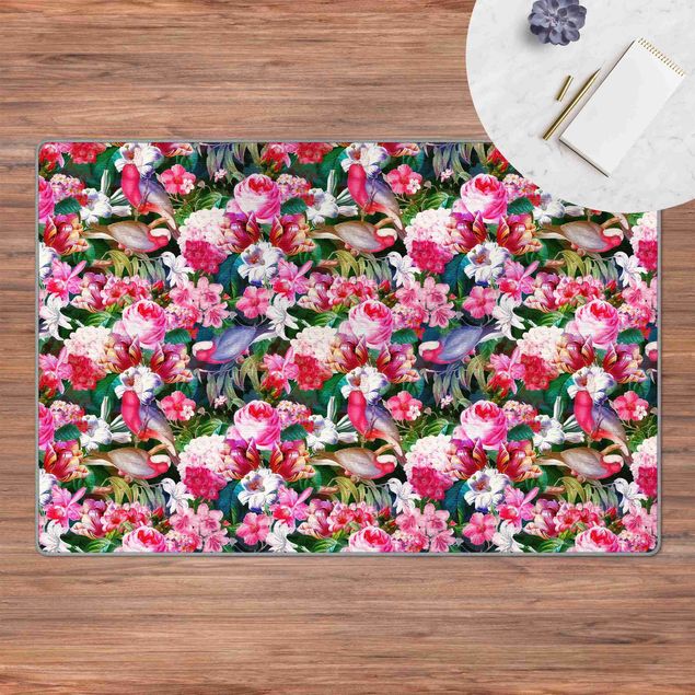Teppich bunt Bunte Tropische Blumen mit Vögeln Pink