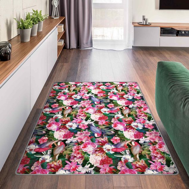 Moderner Teppich Bunte Tropische Blumen mit Vögeln Pink