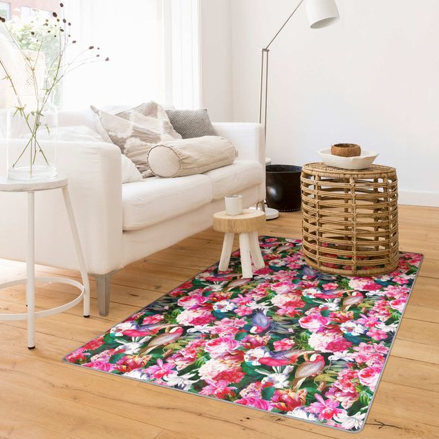 grosser Teppich Bunte Tropische Blumen mit Vögeln Pink