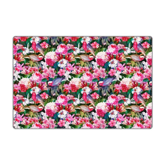 Teppich - Bunte Tropische Blumen mit Vögeln Pink