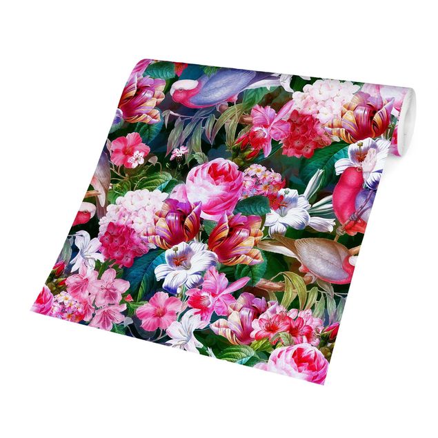 Design Tapeten Bunte Tropische Blumen mit Vögeln Pink