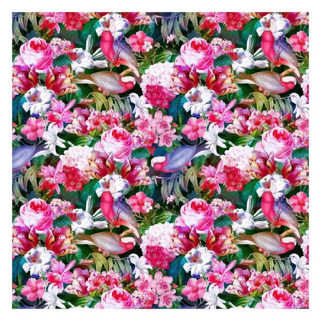 Uta Naumann Bunte Tropische Blumen mit Vögeln Pink