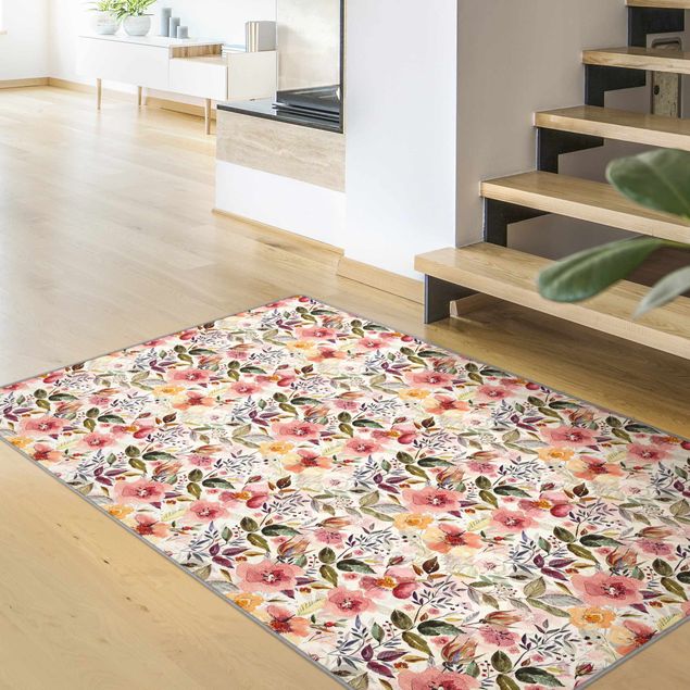 Moderner Teppich Bunter Blumenmix mit Aquarell