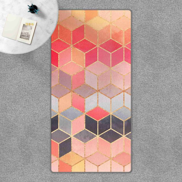 Teppich rosa Buntes Pastell goldene Geometrie