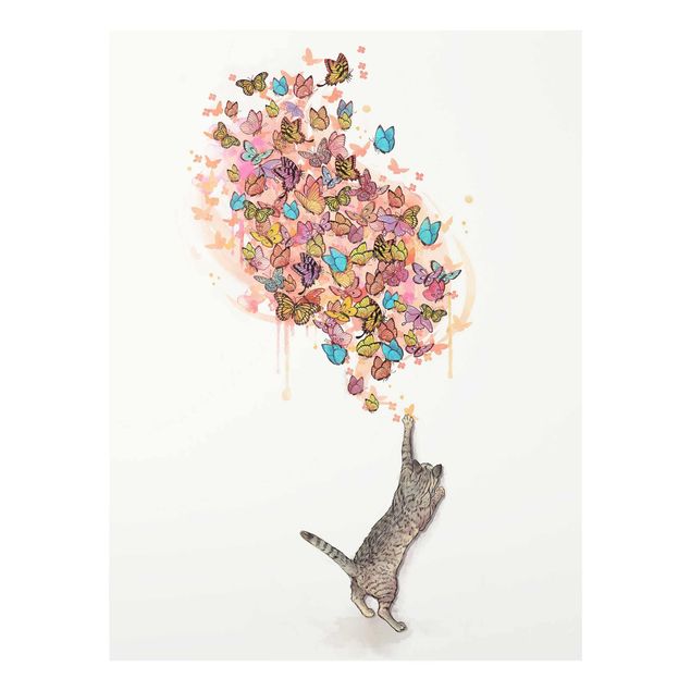 Bilder Illustration Katze mit bunten Schmetterlingen Malerei