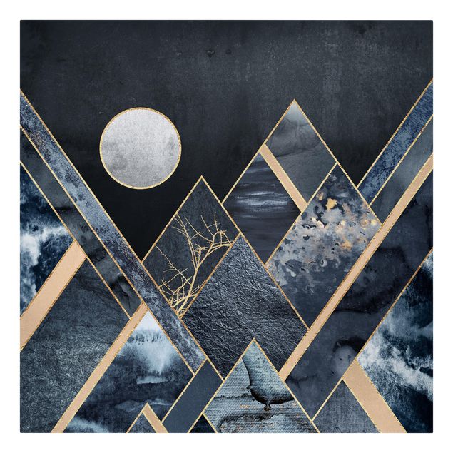 Leinwandbild - Goldener Mond abstrakte schwarze Berge - Quadrat 1:1
