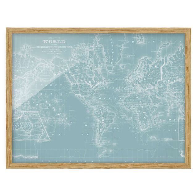 gerahmte Bilder Weltkarte in Eisblau