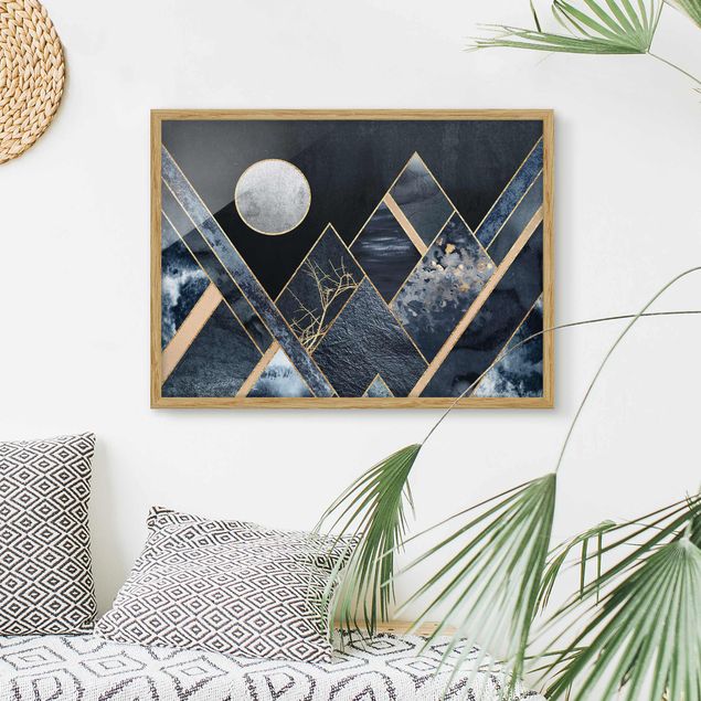 Moderne Bilder mit Rahmen Goldener Mond abstrakte schwarze Berge