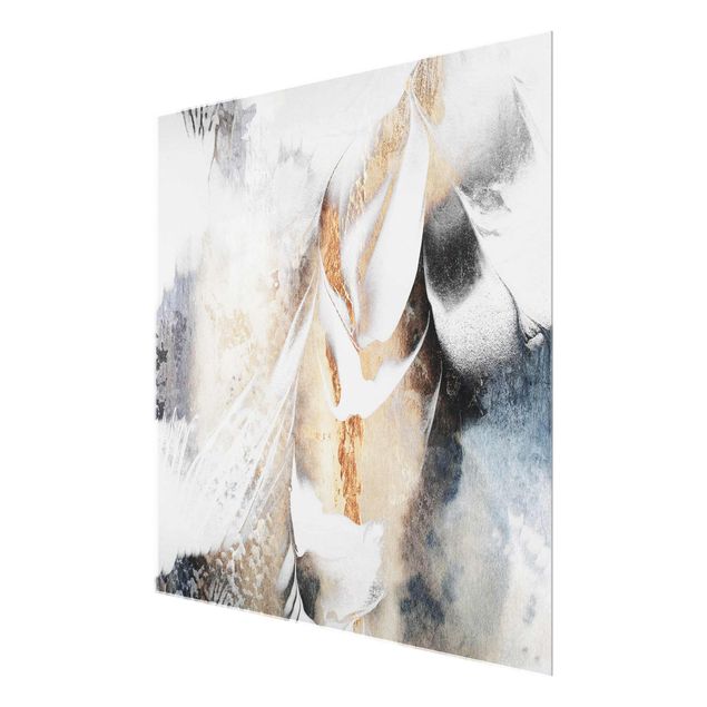 Glasbild - Goldene abstrakte Wintermalerei - Quadrat 1:1