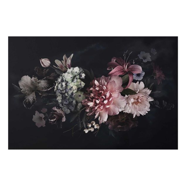 Glasbild - Blumen mit Nebel auf Schwarz - Querformat 2:3