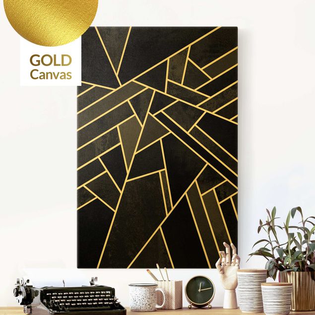 Leinwandbild Gold - Elisabeth Fredriksson - Goldene Geometrie - Schwarze Dreiecke - Hochformat 3:2
