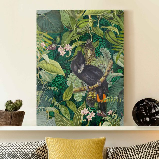 Leinwandbilder Vögel Bunte Collage - Kakadus im Dschungel