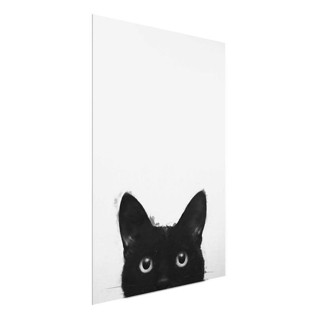 Glasbilder Tiere Illustration Schwarze Katze auf Weiß Malerei