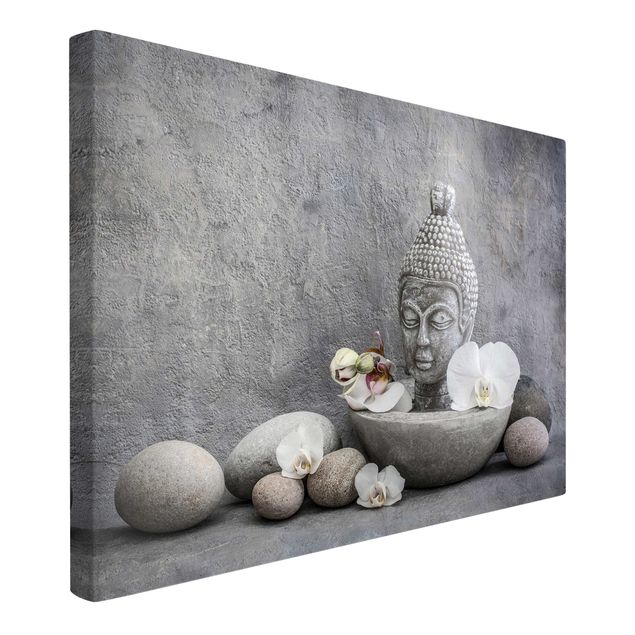 Leinwandbild - Zen Buddha, Orchideen und Steine - Querformat 2:3