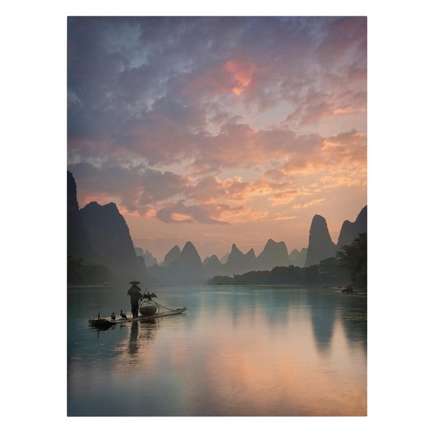 Leinwandbild - Sonnenaufgang über chinesischem Fluss - Hochformat 4:3