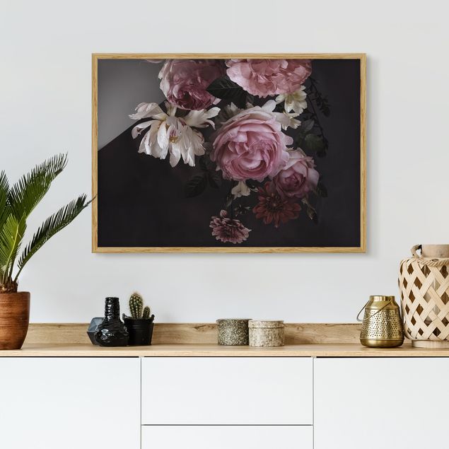 Moderne Bilder mit Rahmen Rosa Blumen auf Schwarz