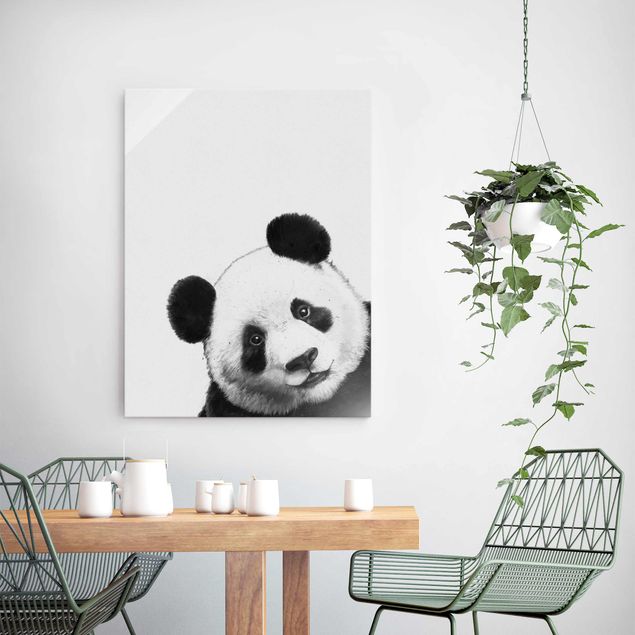 XXL Glasbilder Illustration Panda Schwarz Weiß Malerei