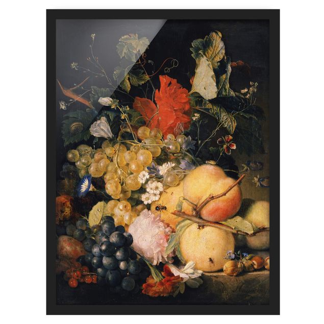 Bild mit Rahmen - Jan van Huysum - Früchte Blumen und Insekten - Hochformat 3:4