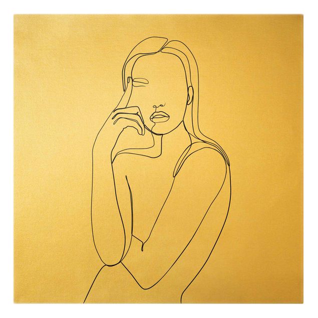 Leinwandbild Gold - Line Art Nachdenkliche Frau Schwarz Weiß - Quadrat