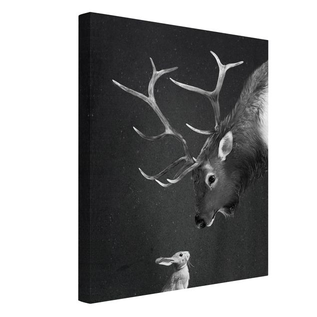 Leinwand Tiere Illustration Hirsch und Hase Schwarz Weiß Malerei