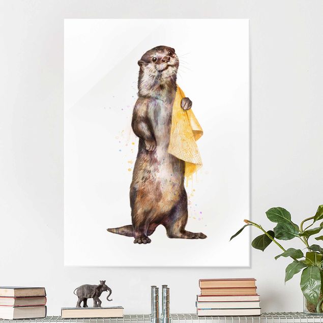 Glasbild - Illustration Otter mit Handtuch Malerei Weiß - Hochformat 4:3