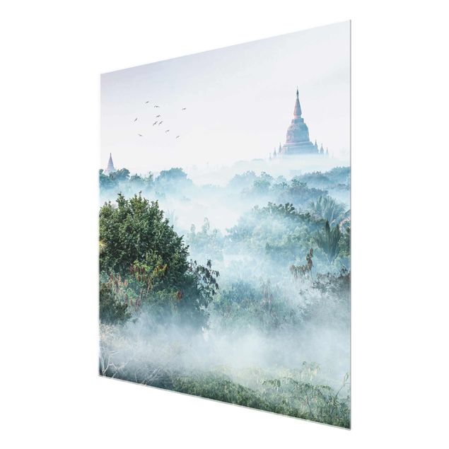 Glasbild - Morgennebel über dem Dschungel von Bagan - Quadrat 1:1