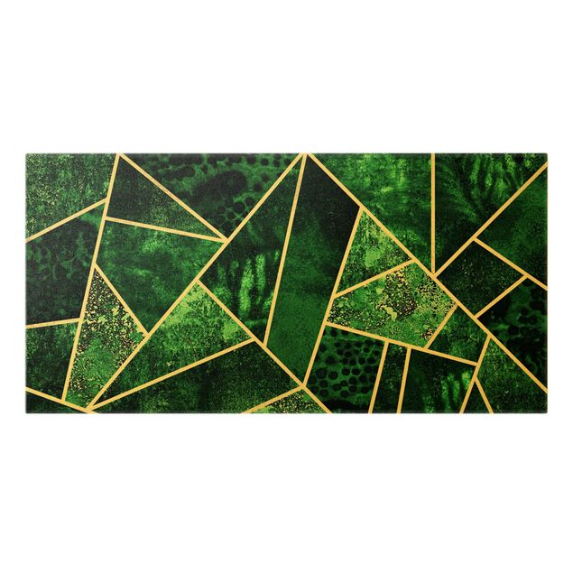 Leinwandbild Gold - Elisabeth Fredriksson - Goldene Geometrie - Dunkler Smaragd - Querformat 1:2