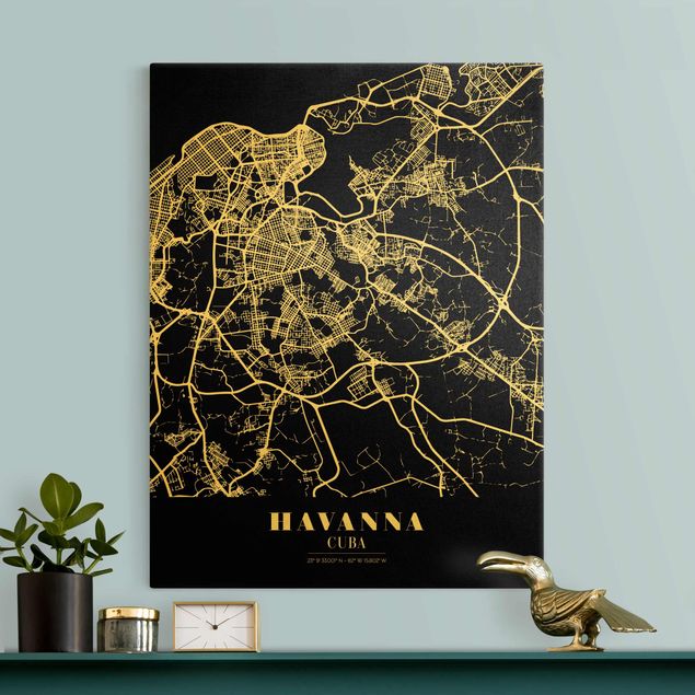 Leinwandbild Gold - Stadtplan Havanna - Klassik Schwarz - Hochformat 3:4