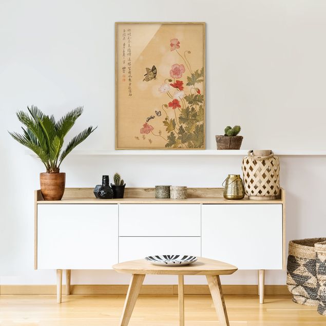Moderne Bilder mit Rahmen Yuanyu Ma - Mohnblumen und Schmetterlinge