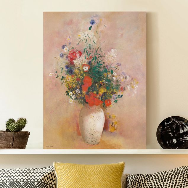 Blumenbilder auf Leinwand Odilon Redon - Vase mit Blumen (rosenfarbener Hintergrund)