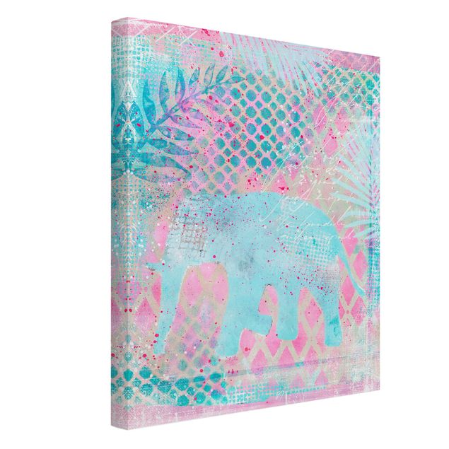 Leinwand Tiere Bunte Collage - Elefant in Blau und Rosa