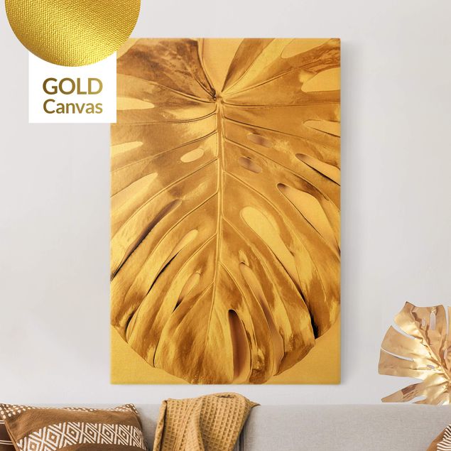 Leinwandbild Gold - Goldenes Monsterablatt auf Rosa - Hochformat 2:3