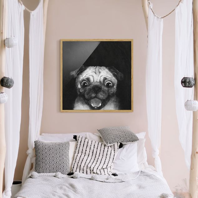 Tiere Bilder mit Rahmen Illustration Hund Mops Malerei auf Schwarz Weiß