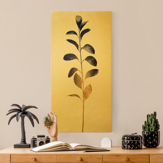 Leinwandbild Gold - Grafische Pflanzenwelt - Gold und Grau - Hochformat 1:2