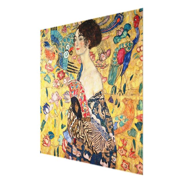 Glasbild - Gustav Klimt - Dame mit Fächer - Quadrat 1:1