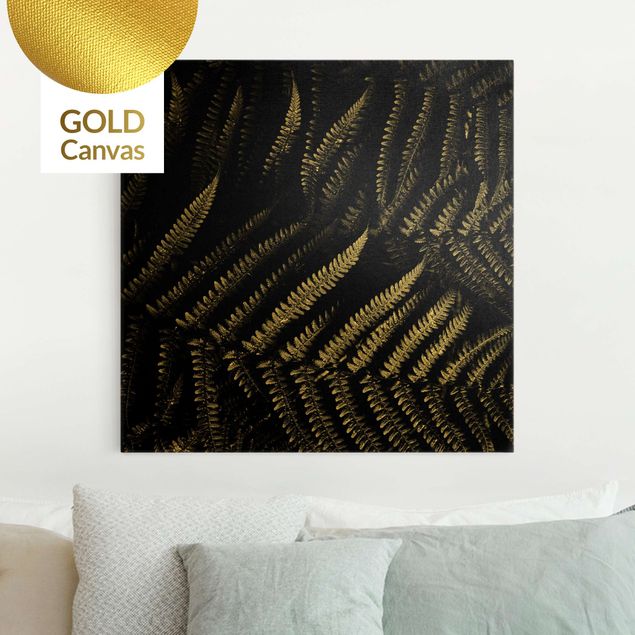Leinwandbild Gold - Schwarz Weiß Botanik Farn - Quadrat 1:1