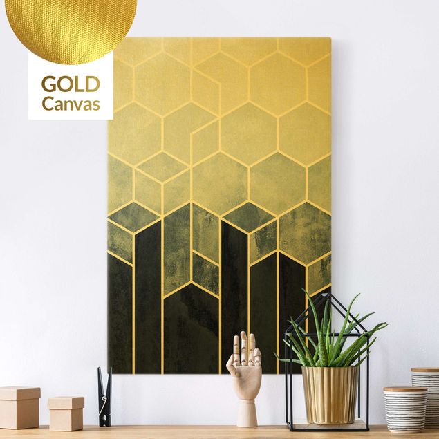 Leinwandbild Gold - Elisabeth Fredriksson - Goldene Geometrie - Sechsecke Blau Weiß - Hochformat 3:2