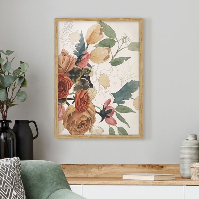 Moderne Bilder mit Rahmen Zeichnung Blumenbouquet in Rot und Sepia II