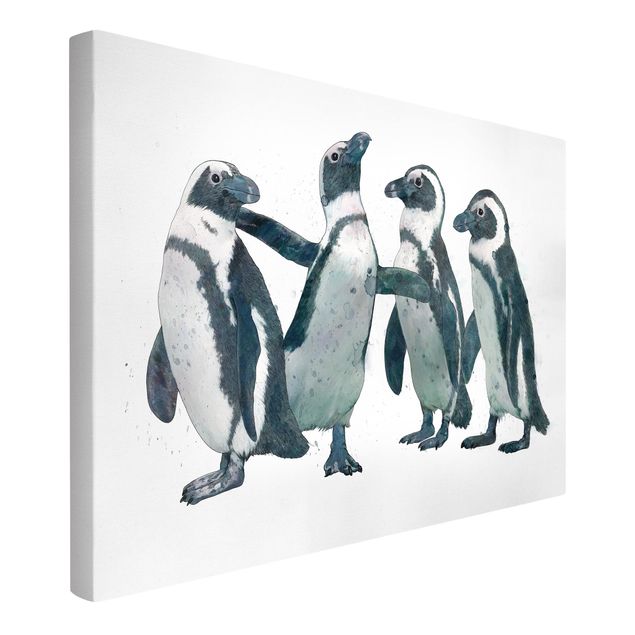 Leinwandbild - Illustration Pinguine Schwarz Weiß Aquarell - Querformat 2:3
