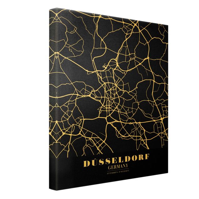 Leinwandbild Gold - Stadtplan Düsseldorf - Klassik Schwarz - Hochformat 4:3